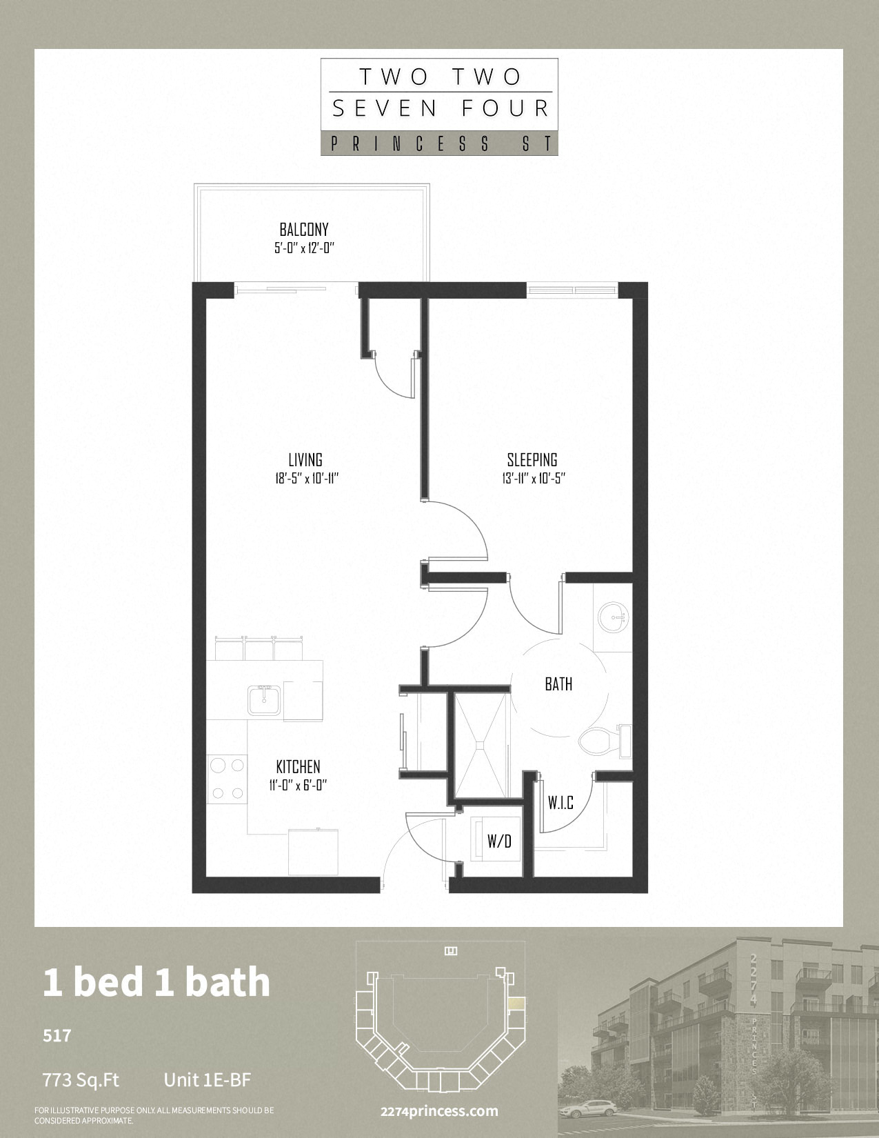 Floor plan for 1 bed, 1 bath, 773 sqft
